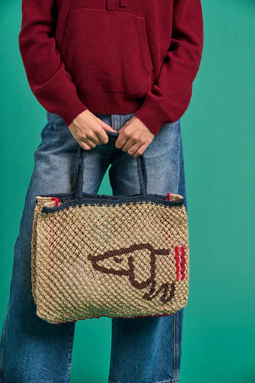 The Jacksons London Jute Bag | Breton Dog | Natural / Brown / Raspberry / Dark Navy