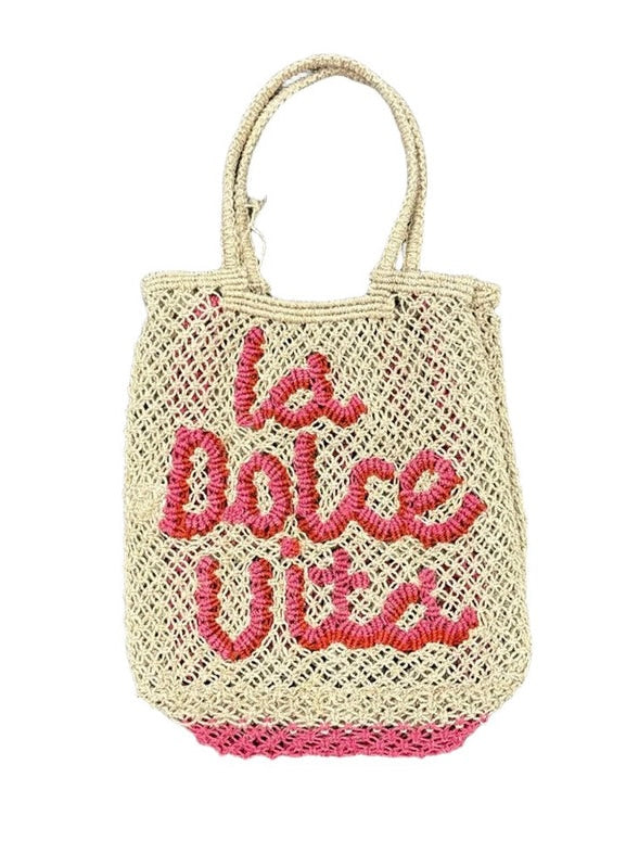 The Jacksons London I LOVE TO BOOGIE Large Jute Bag In Natural With Berry