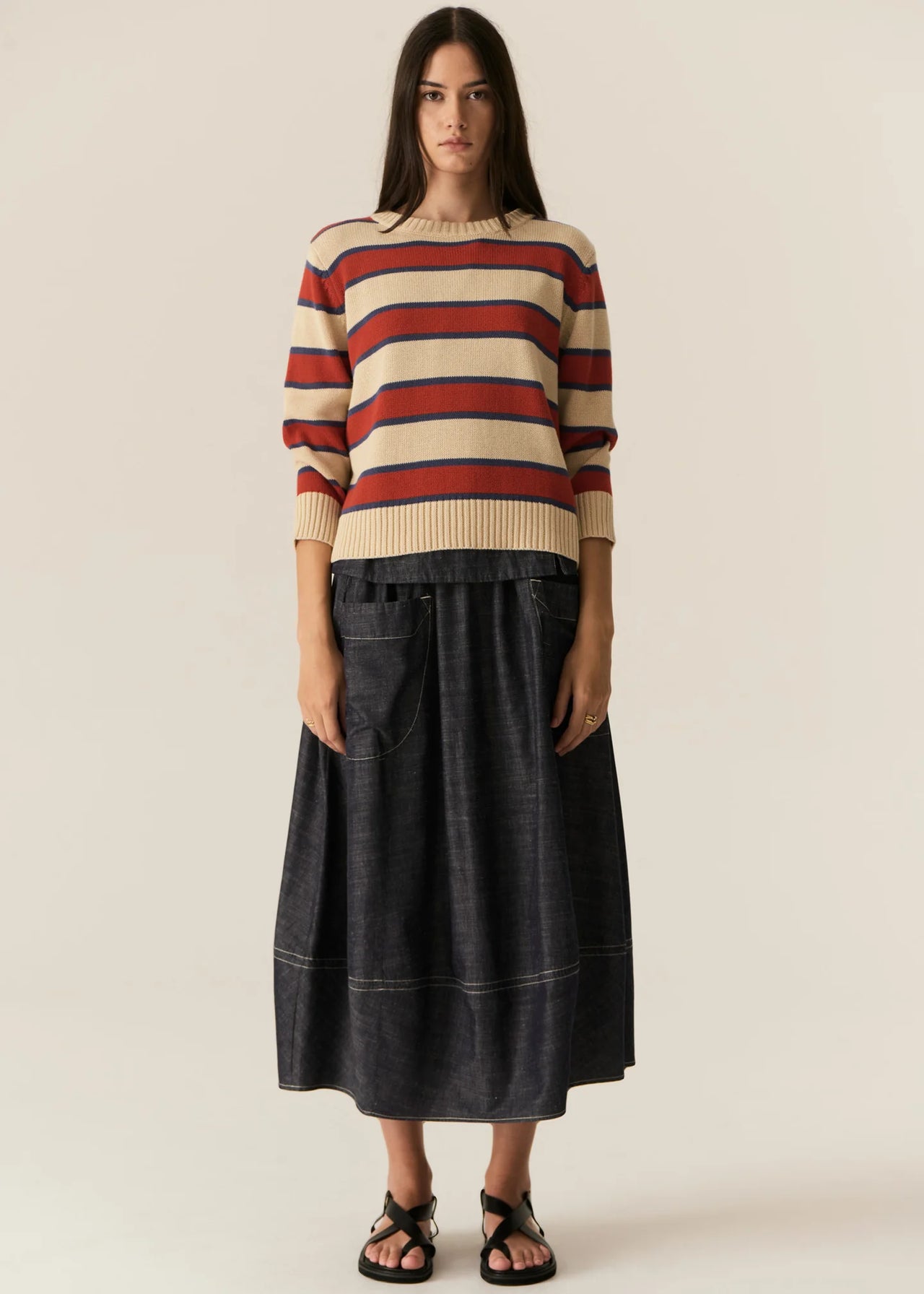 POL Clothing Jules Stripe Knit | Pebble / Red