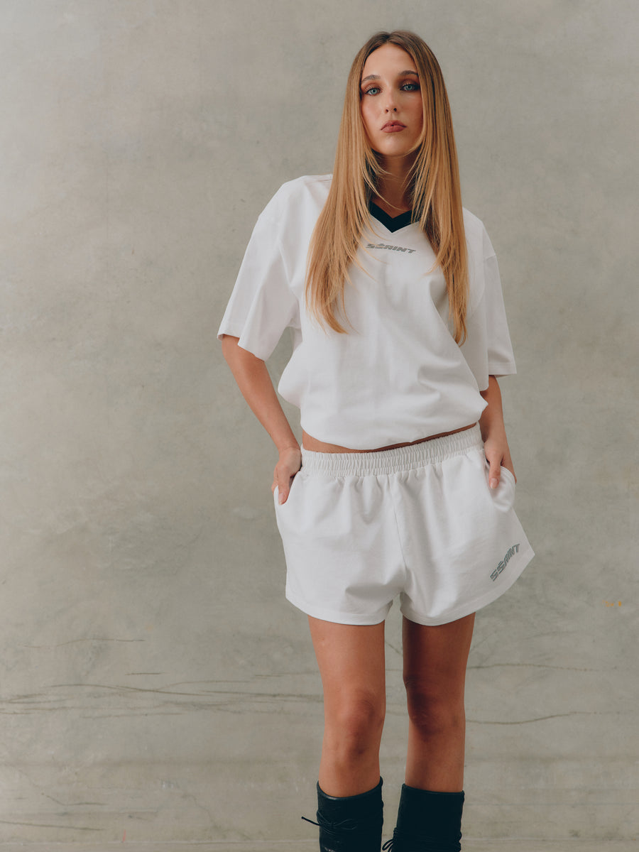 SŚAINT Reflective V Neck Tee | White