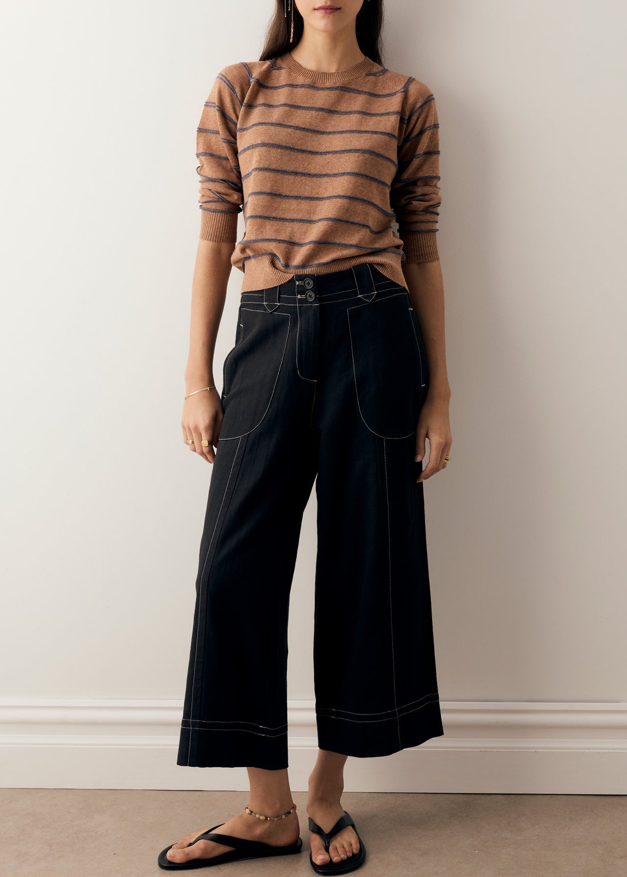 POL Clothing Sable Striped Long Sleeve Tee | Chocolate / Blue