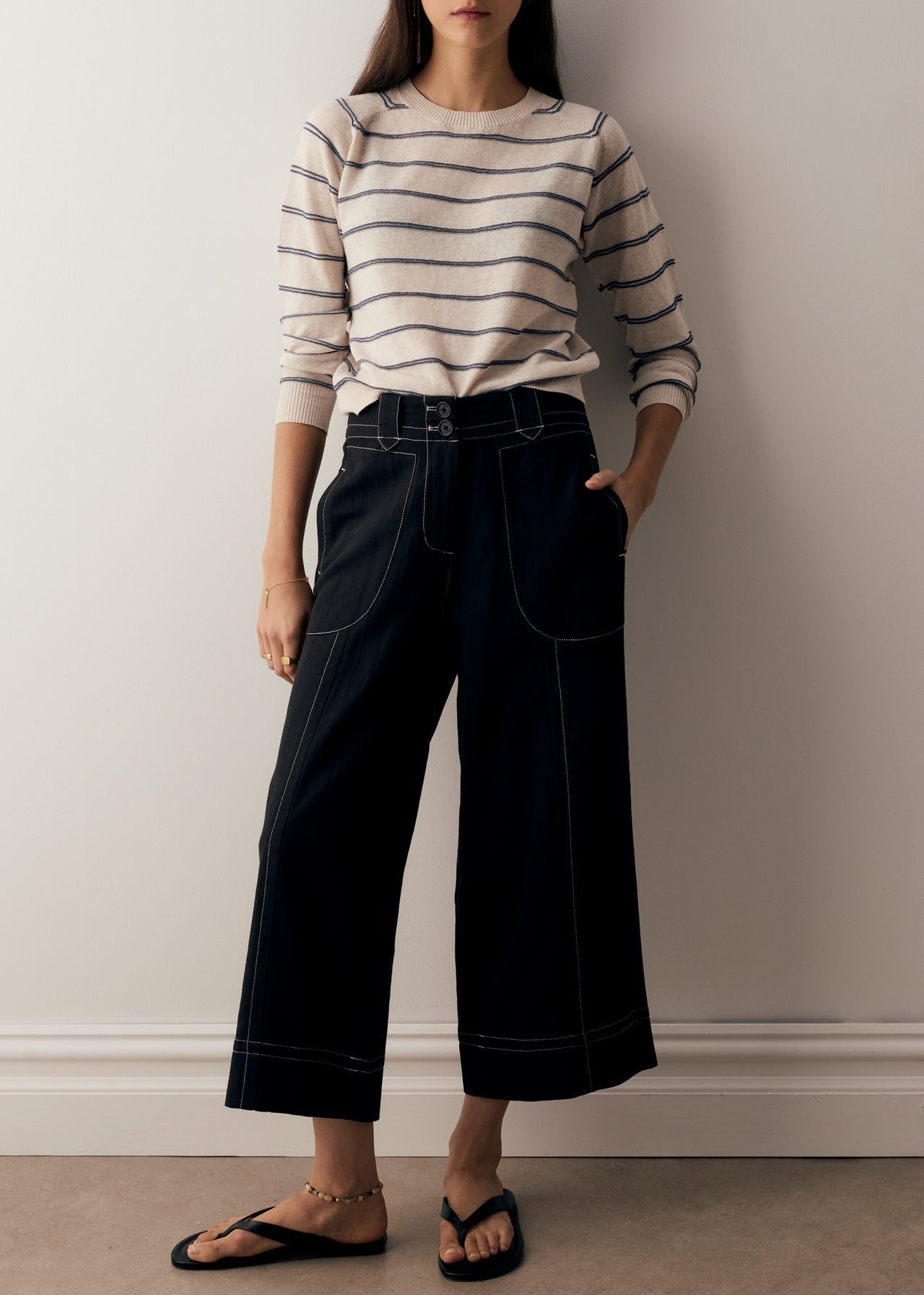 POL Clothing Sable Stripe Long Sleeve Tee | Pebble / Blue