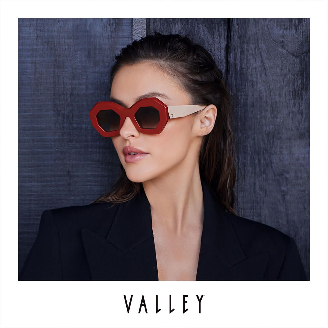 Valley Eyewear Opera | Crimson, Alabaster Temples w. Gold Metal/ Brown Gradient Lens