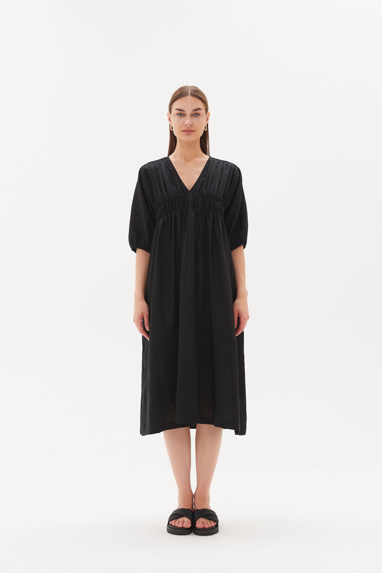 Tirelli Puff Sleeve Gather Front Dress | Black