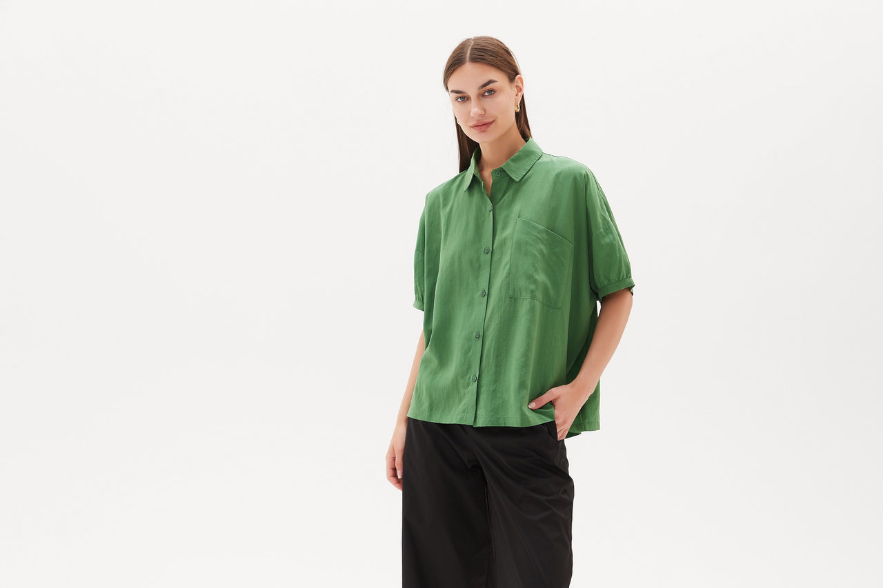 Tirelli Gathered Cuff Shirt | Deep Jade