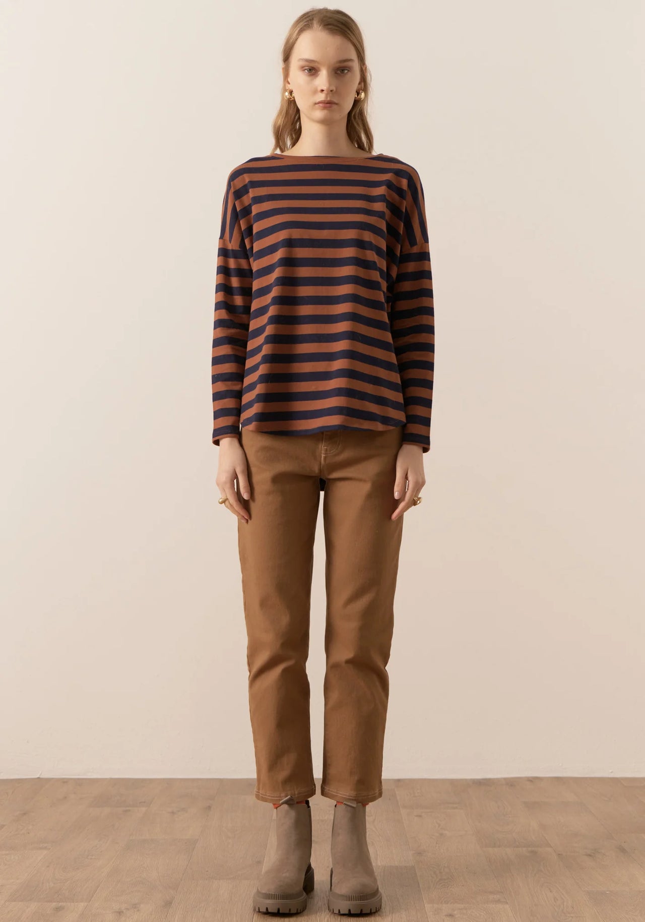 POL Clothing James Striped LS Tee | Toffee / Ink