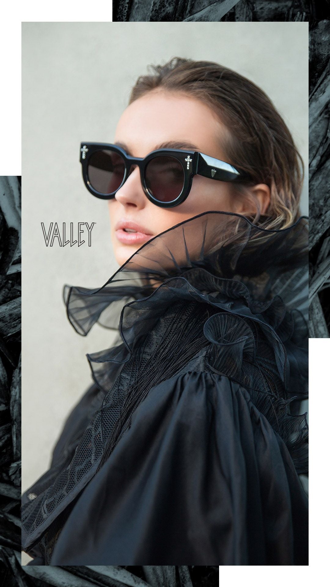 Valley Eyewear A Dead Coffin Club Zero | Gloss Black W. Crystal Crosses / Black Lens