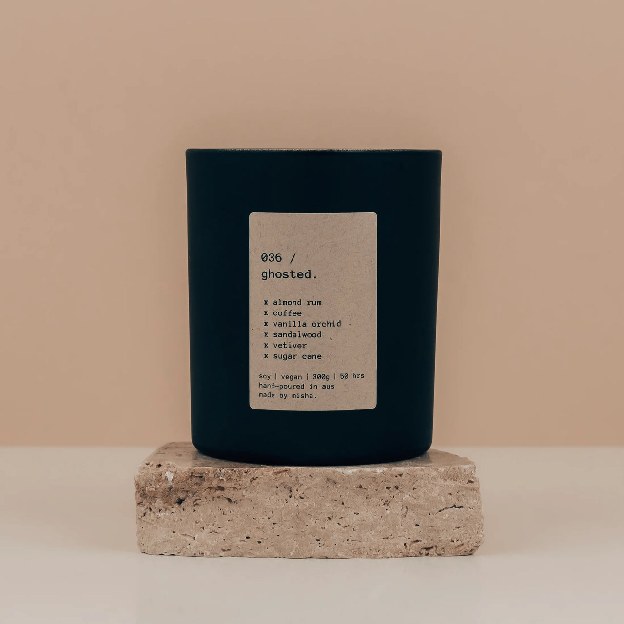 Made By Misha. Candles | 036 Ghosted ; Almond Rum / Coffee / Vanilla Orchid / Sandalwood / Vetiver / Sugar Cane