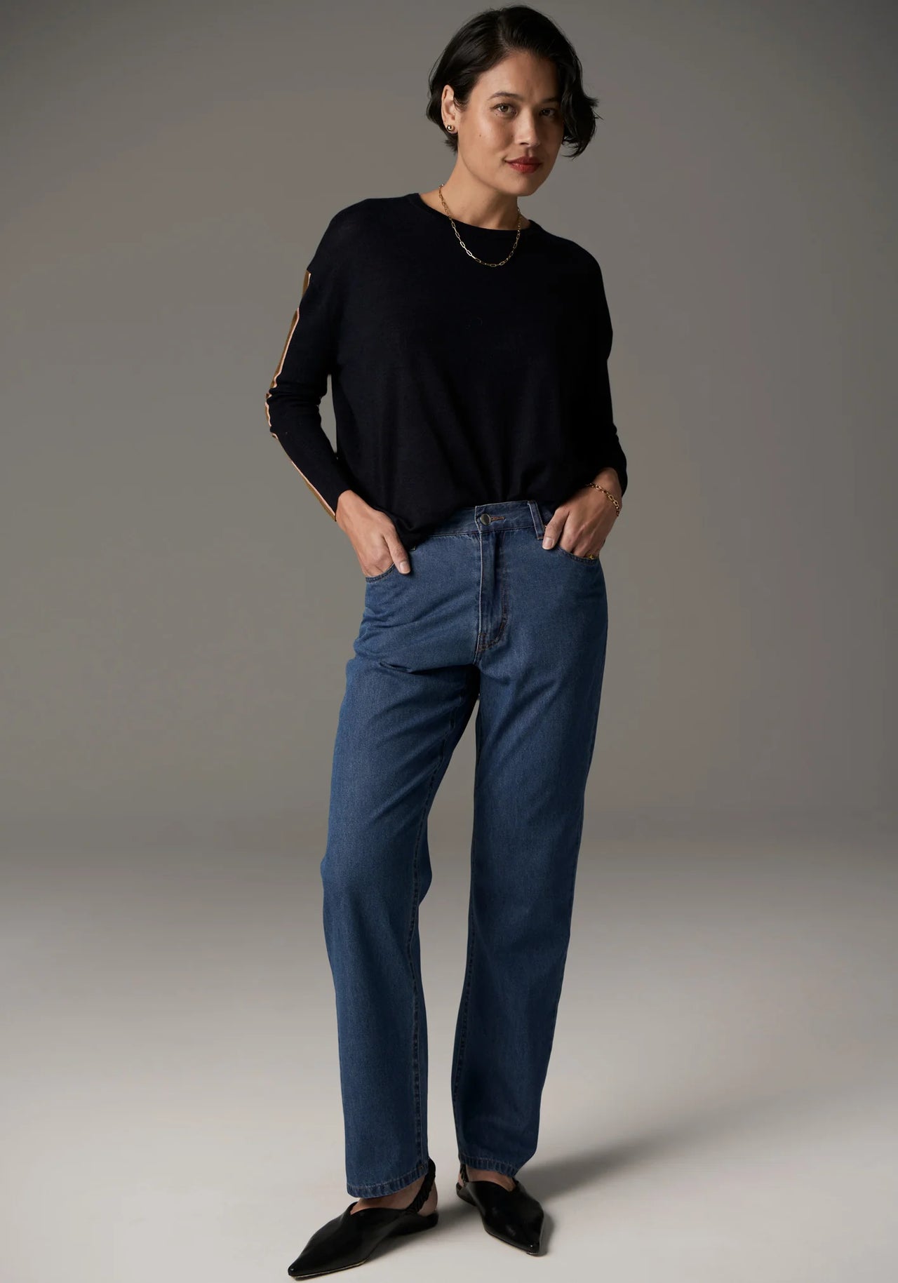 POL Clothing Bennet Drape Back Knit | Ink / Tobacco / Pink