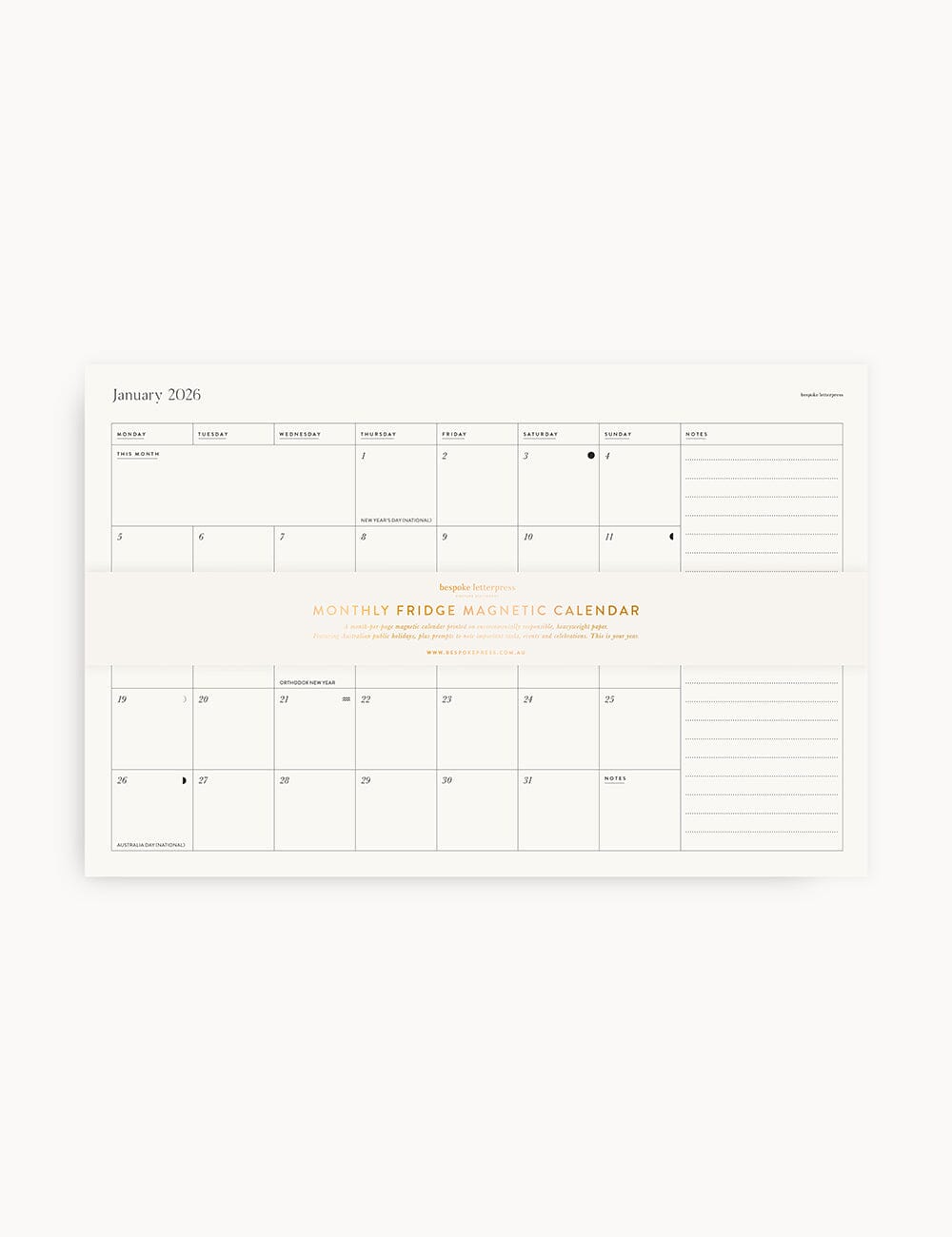 Bespoke Letterpress Monthly Fridge Magnetic Calendar | 2026
