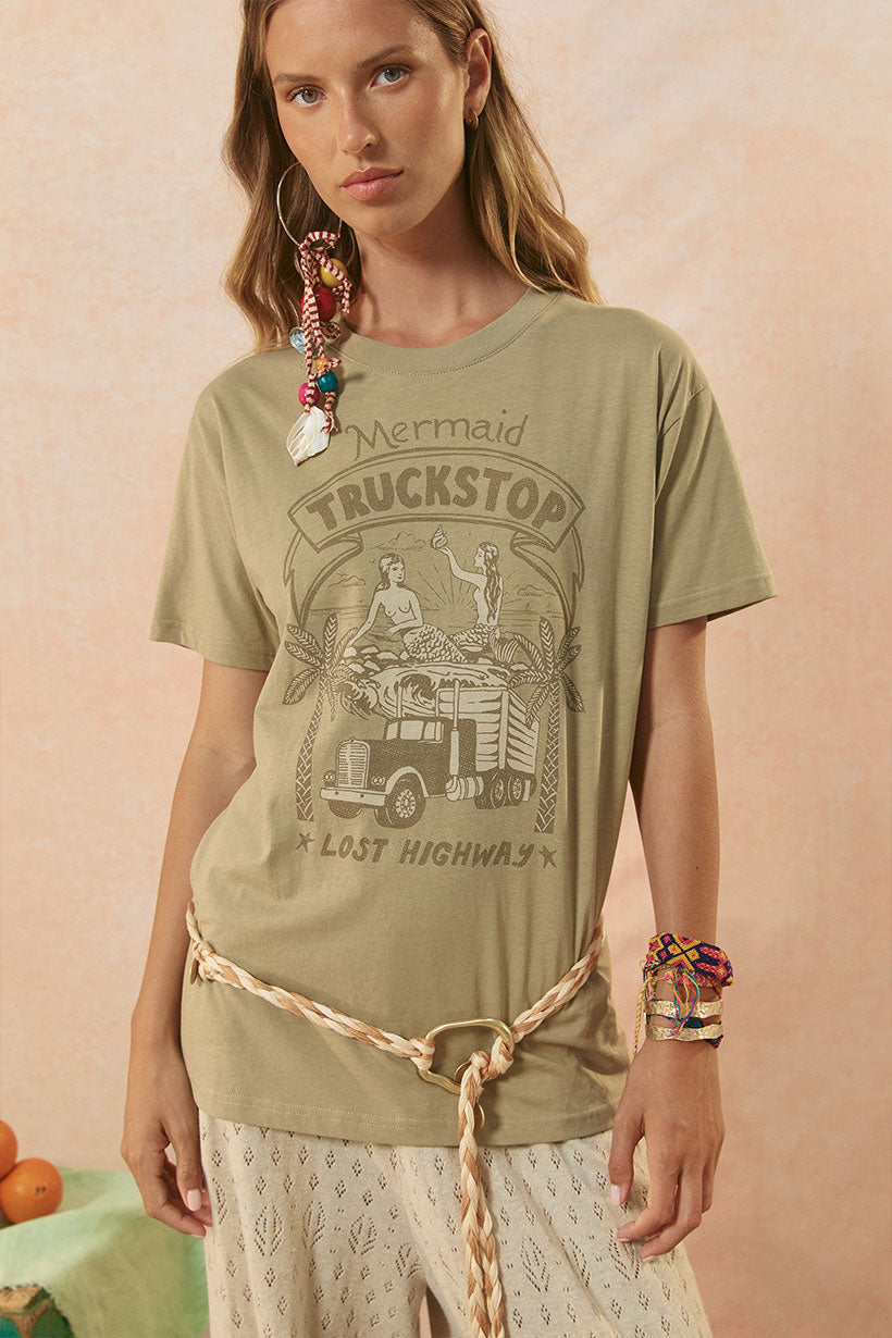 Spell Mermaid Truckstop Biker Tee | Khaki